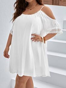 SHEIN VCAY Plus Cold Shoulder Guipure Lace Insert Dress - White - View 4