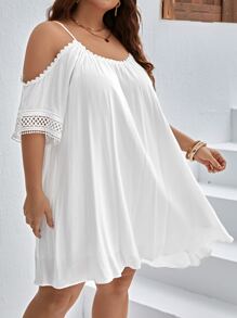 SHEIN VCAY Plus Cold Shoulder Guipure Lace Insert Dress - White - View 8