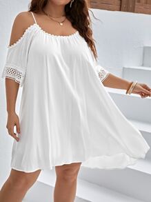 SHEIN VCAY Plus Cold Shoulder Guipure Lace Insert Dress - White - View 1