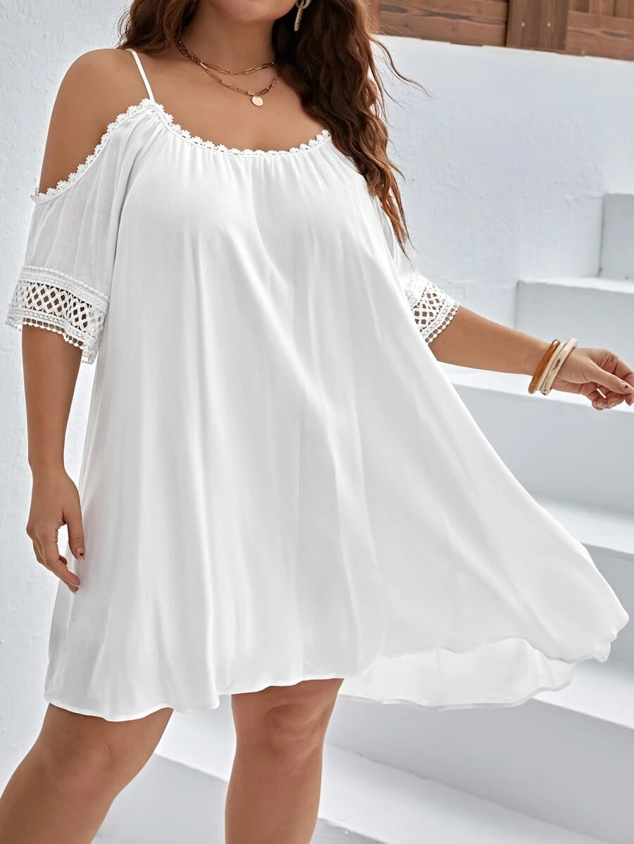 SHEIN VCAY Plus Cold Shoulder Guipure Lace Insert Dress - White - View 1
