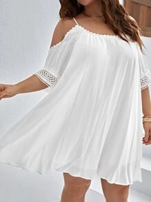 SHEIN VCAY Plus Cold Shoulder Guipure Lace Insert Dress - White - View 6