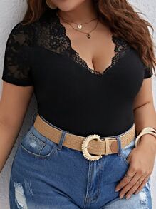 SHEIN Privé Plus Contrast Lace Scallop Trim Tee - Black - View 4