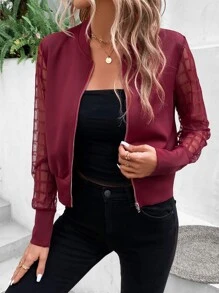 SHEIN Privé 網紗拼接拉鏈開襟飛行員夾克 - 紫紅色 - 查看 1
