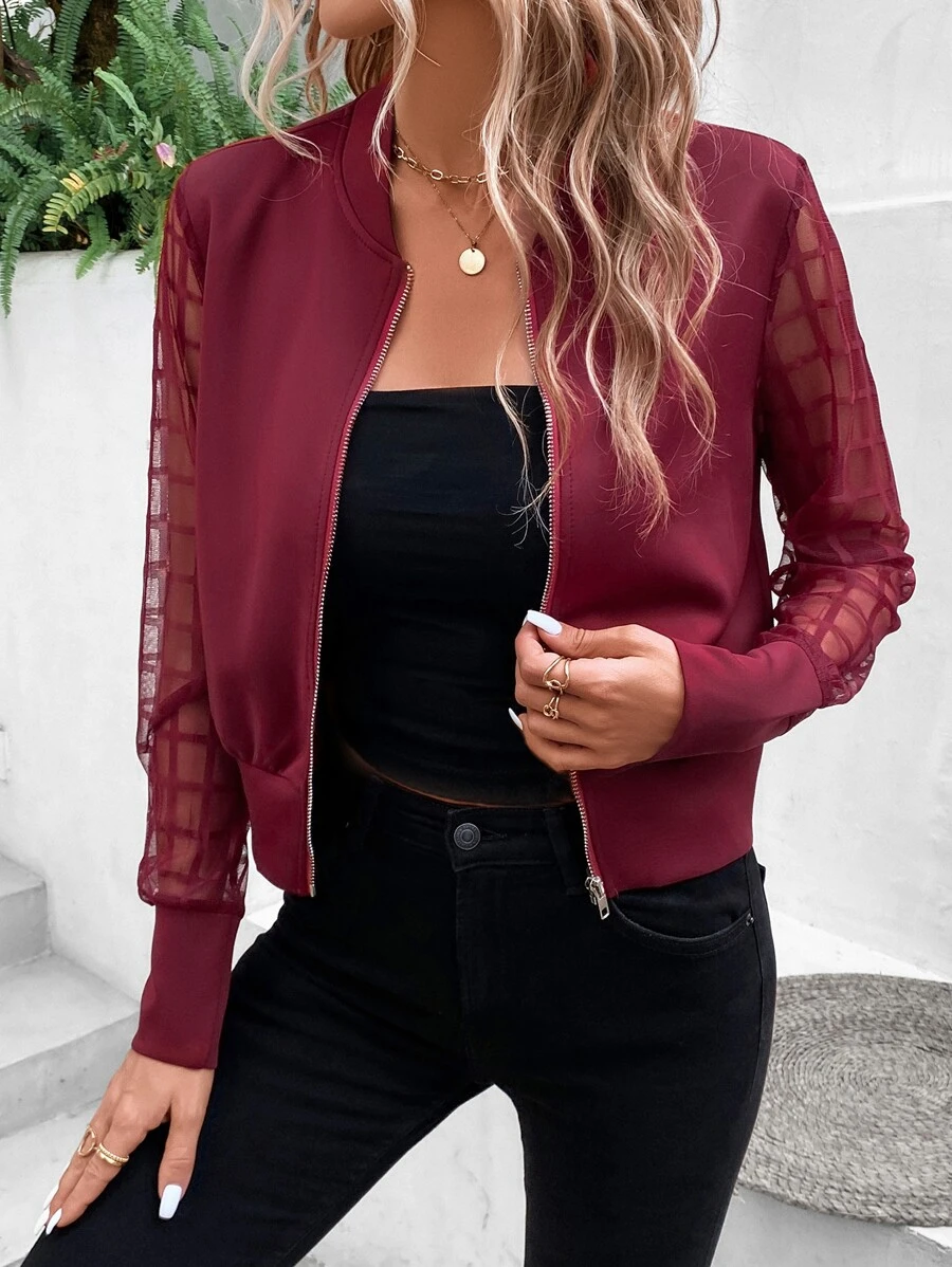 SHEIN Privé 網紗拼接拉鏈開襟飛行員夾克 - 紫紅色 - 查看 1