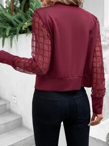 SHEIN Privé 網紗拼接拉鏈開襟飛行員夾克 - 紫紅色 - 查看 2