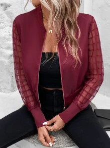 SHEIN Privé 網紗拼接拉鏈開襟飛行員夾克 - 紫紅色 - 查看 4