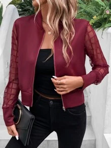 SHEIN Privé 網紗拼接拉鏈開襟飛行員夾克 - 紫紅色 - 查看 6