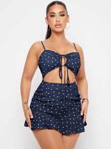 SHEIN SXY Áo liền quần nữ Cắt ra Xù Dây kéo Thắt nơ trước Tim Tất cả trên in Gợi cảm - Màu xanh hải quân - Xem 4