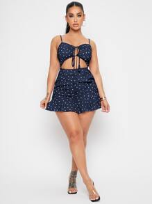 SHEIN SXY Áo liền quần nữ Cắt ra Xù Dây kéo Thắt nơ trước Tim Tất cả trên in Gợi cảm - Màu xanh hải quân - Xem 5