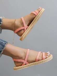 女士多帶露跟度假戶外滌綸平底涼鞋 - 粉色 - 查看 4