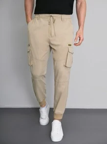 Manfinity Men Drawstring Waist Flap Pocket Cargo Trousers - Khaki - View 1