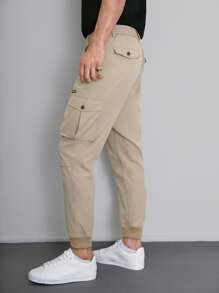 Manfinity Men Drawstring Waist Flap Pocket Cargo Trousers - Khaki - View 2