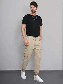 Manfinity Men Drawstring Waist Flap Pocket Cargo Trousers - Khaki - View 4