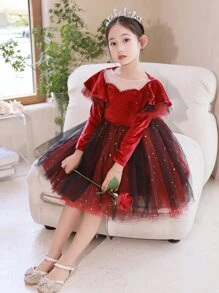 Girls Ruffle Trim Star Mesh Hem Party Dress - Burgundy - View 3