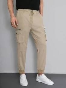 Manfinity Men Drawstring Waist Flap Pocket Cargo Trousers - Khaki - View 5