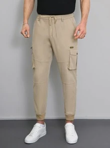 Manfinity Men Drawstring Waist Flap Pocket Cargo Trousers - Khaki - View 6