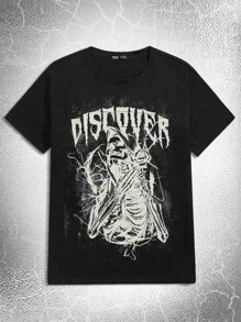 ROMWE MEN Goth Guys Letter Skull Graphic Tee - Black - View 1