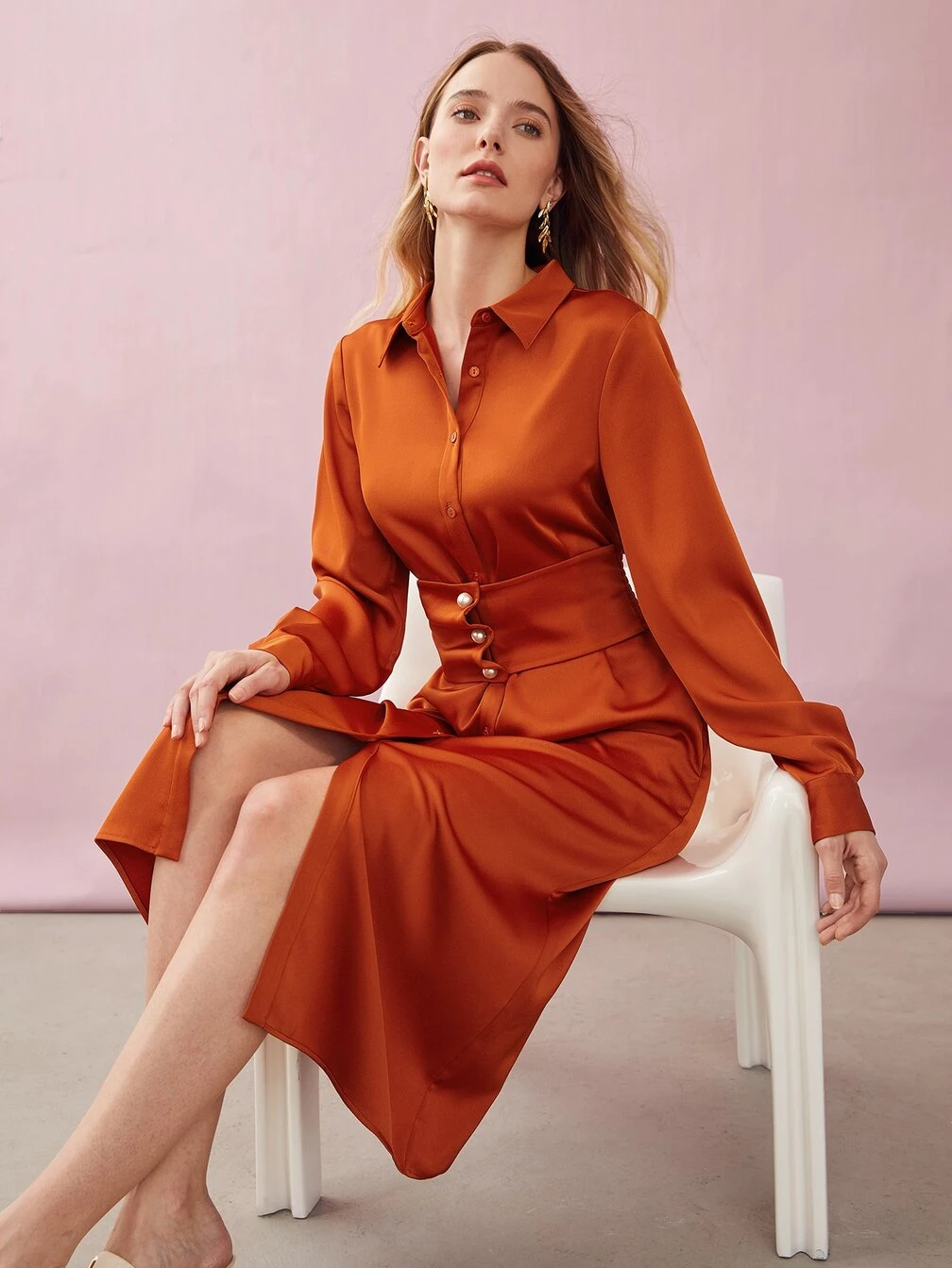 MOTF SATIN CORSET WAIST SHIRT DRESS｜Motf