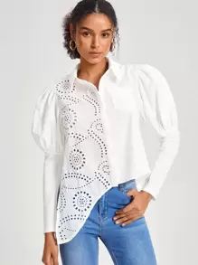 MOMI-KO Eyelet Embroidery Asymmetrical Hem Shirt - White - View 1