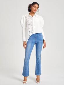 MOMI-KO Eyelet Embroidery Asymmetrical Hem Shirt - White - View 3