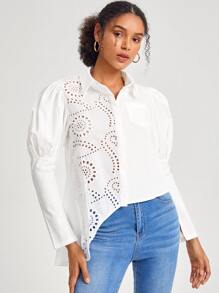 MOMI-KO Eyelet Embroidery Asymmetrical Hem Shirt - White - View 4