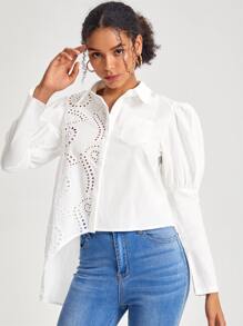 MOMI-KO Eyelet Embroidery Asymmetrical Hem Shirt - White - View 5