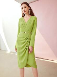 MOTF PREMIUM 褶皺紐扣細節洋裝 - 青檸色 - 查看 2