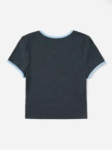 SHEIN EZwear Camiseta crop con estampado de figura y slogan unido en contraste - Azul Marino - Ver 3