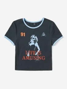 SHEIN EZwear Camiseta crop con estampado de figura y slogan unido en contraste - Azul Marino - Ver 4