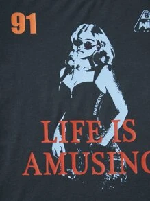 SHEIN EZwear Camiseta crop con estampado de figura y slogan unido en contraste - Azul Marino - Ver 6