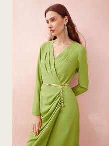 MOTF PREMIUM 褶皺紐扣細節洋裝 - 青檸色 - 查看 4