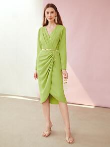 MOTF PREMIUM 褶皺紐扣細節洋裝 - 青檸色 - 查看 5