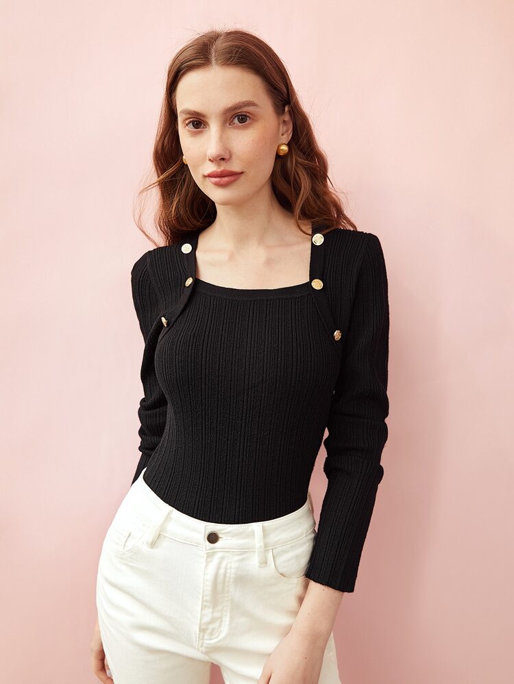 MOTF PREMIUM Suéter de punto con diseño de botón - Negro - Añade 3