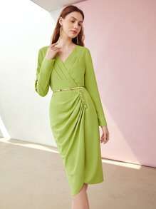 MOTF PREMIUM 褶皺紐扣細節洋裝 - 青檸色 - 查看 8