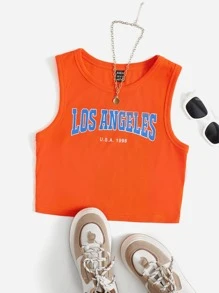 SHEIN EZwear Neon Orange Letter Graphic Crop Tank Top - Orange - View 1