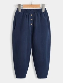 SHEIN Toddler Boys Button Front Carrot Trousers - Navy Blue - View 6