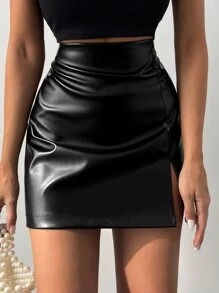 EURMUSE Split Hem PU Skirt - Black - View 1