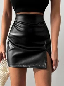 EURMUSE Split Hem PU Skirt - Black - View 5