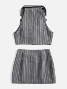 SHEIN EZwear Notched Collar Striped Crop Top & Skirt Without Shirt - Grey - View 2