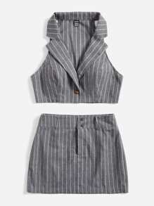 SHEIN EZwear Notched Collar Striped Crop Top & Skirt Without Shirt - Grey - View 3