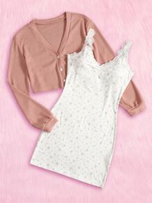 ROMWE Kawaii Solid Button Front Top & Ditsy Floral Dress - Multicolor - View 1