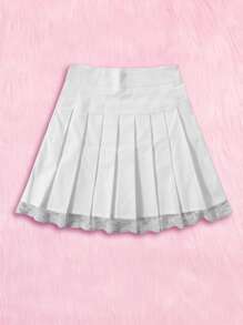 ROMWE Kawaii Solid Contrast Lace Pleated Skirt - White - View 1