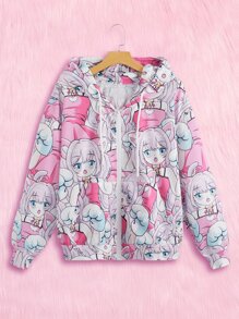 ROMWE Anime Cartoon Figure Print Zip Up Pocket Hoodie - Pink - View 1