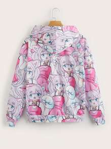 ROMWE Anime Cartoon Figure Print Zip Up Pocket Hoodie - Pink - View 2