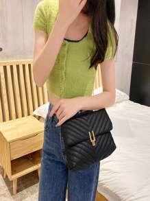 Chevron Quilted Flap Square Bag - Black - View 1