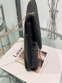 Chevron Quilted Flap Square Bag - Black - View 4