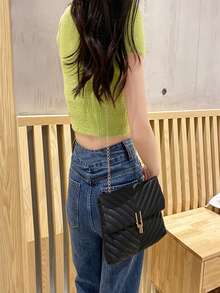 Chevron Quilted Flap Square Bag - Black - View 7