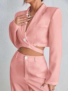 BizChic Lapel Neck Single Button Crop Blazer - Coral Pink - View 4