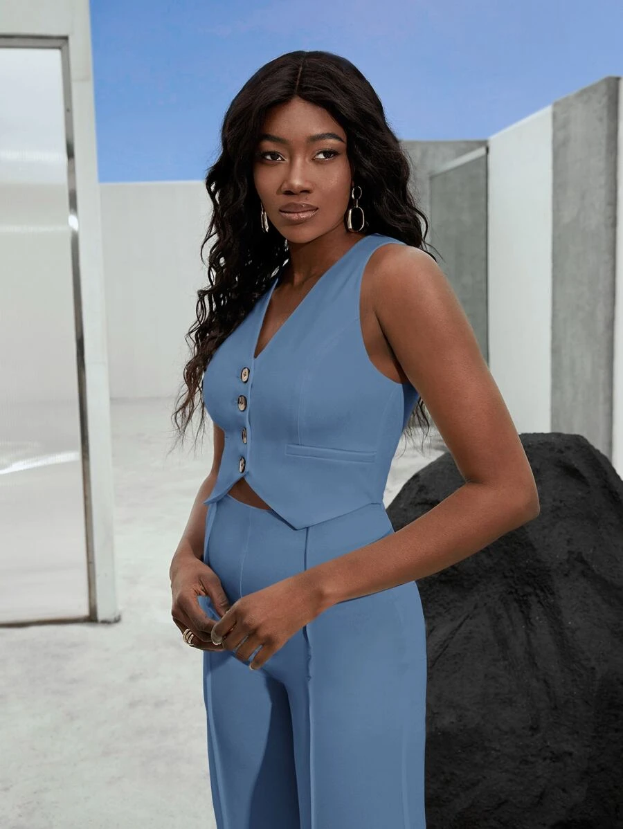 BizChic Button Front Crop Vest Blazer - Dusty Blue - View 1