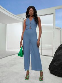 BizChic Button Front Crop Vest Blazer - Dusty Blue - View 4